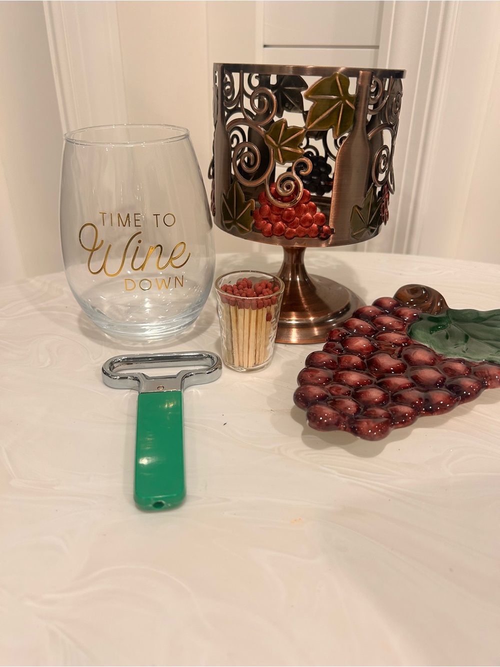 Bundle for WINE Lover’s glass, candle & matchstick holder, Grape dish, cork pull